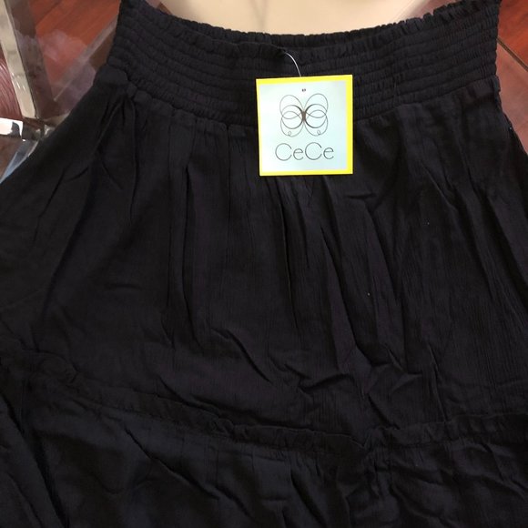 CeCe Smocked Waist Tiered High/Low Midi Skirt Black Large - Picture 6 of 9